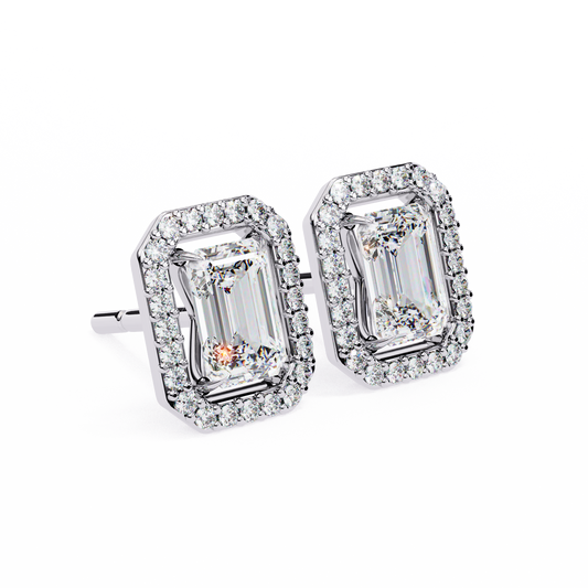 14K Gold Emerald Cut Diamond Halo Stud Earrings – 1.80 CTW Statement Sparkle