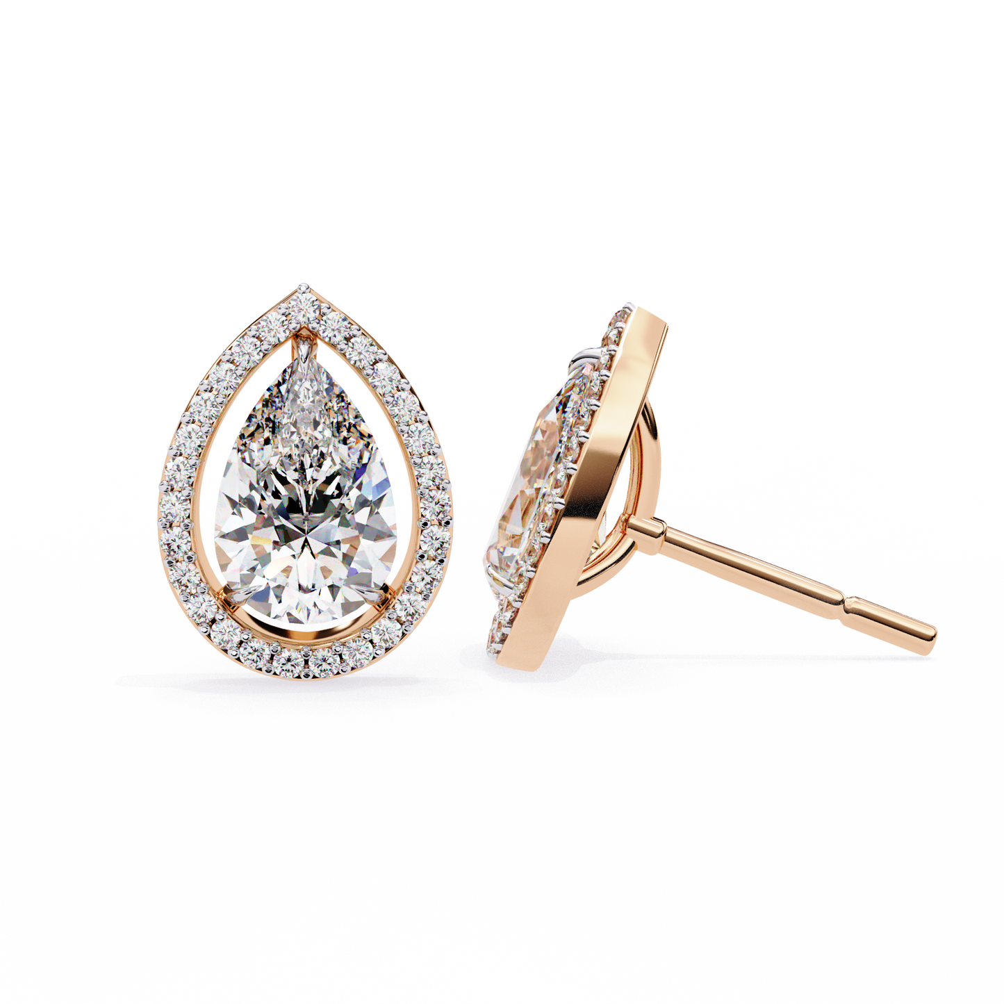 14K Gold Pear-Cut Diamond Halo Stud Earrings – 1.60ct Elegant Sparkle