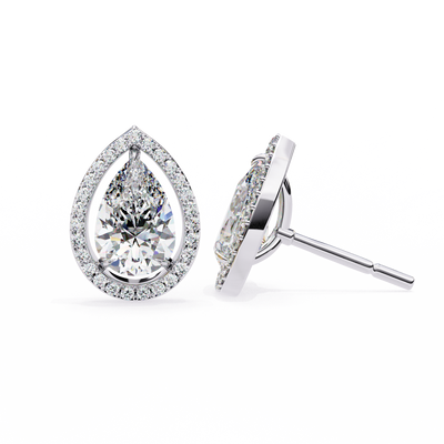 14K Gold Pear-Cut Diamond Halo Stud Earrings – 1.60ct Elegant Sparkle