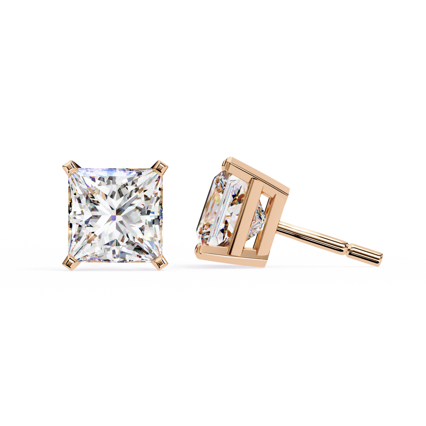 Elegant 14K Gold Princess Cut Diamond Stud Earrings with 4 Prong Setting