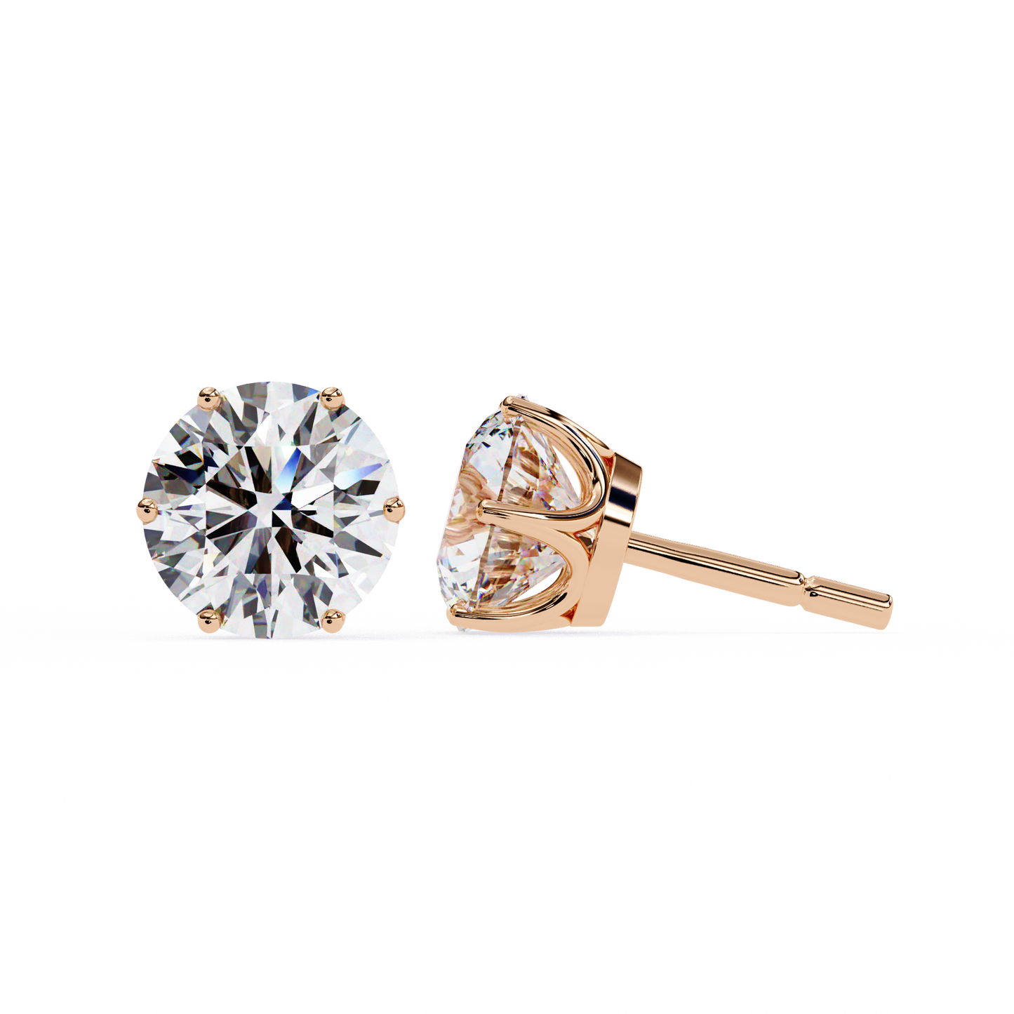Classic 14K Gold Round Cut Diamond Stud Earrings with 6 Prong Setting