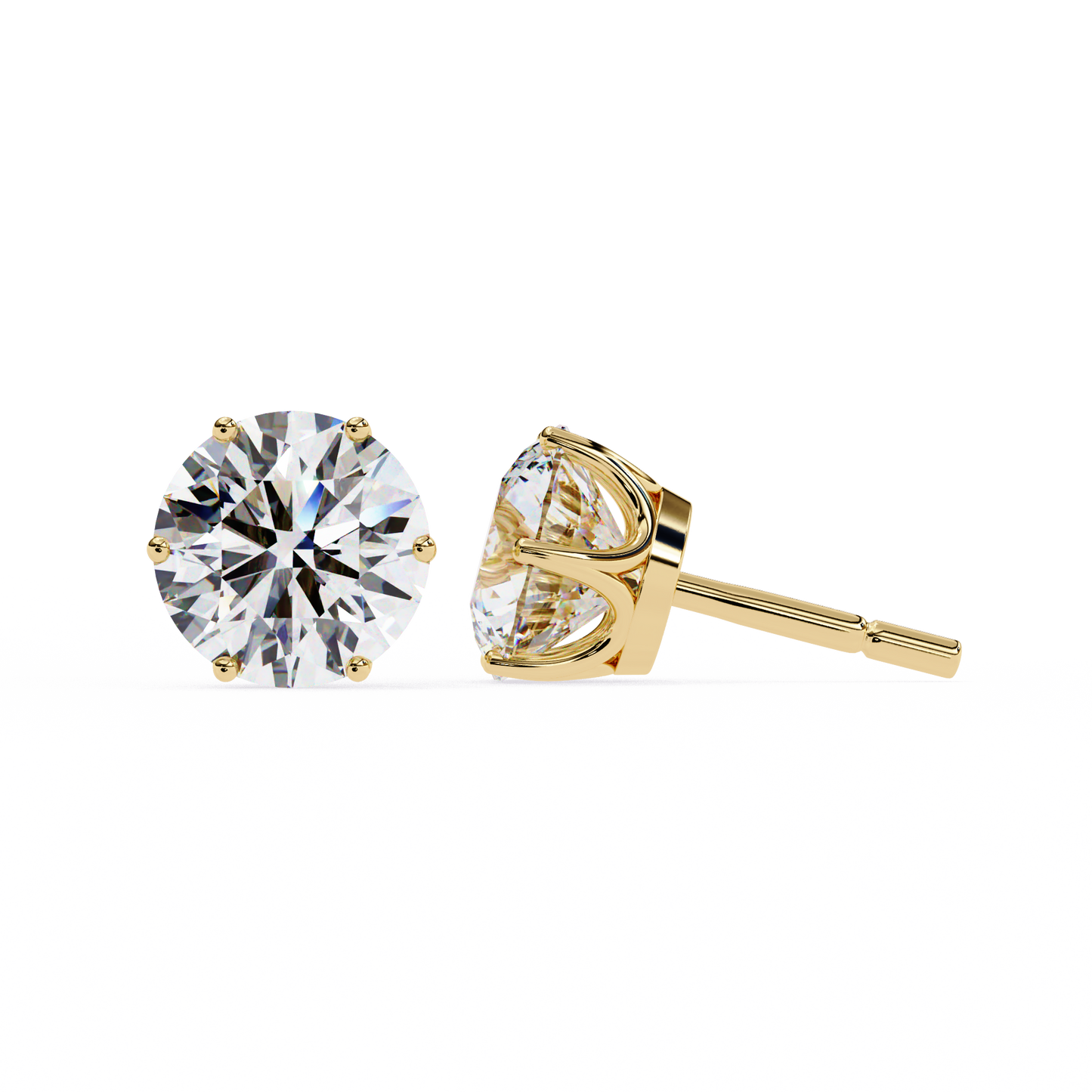 Classic 14K Gold Round Cut Diamond Stud Earrings with 6 Prong Setting