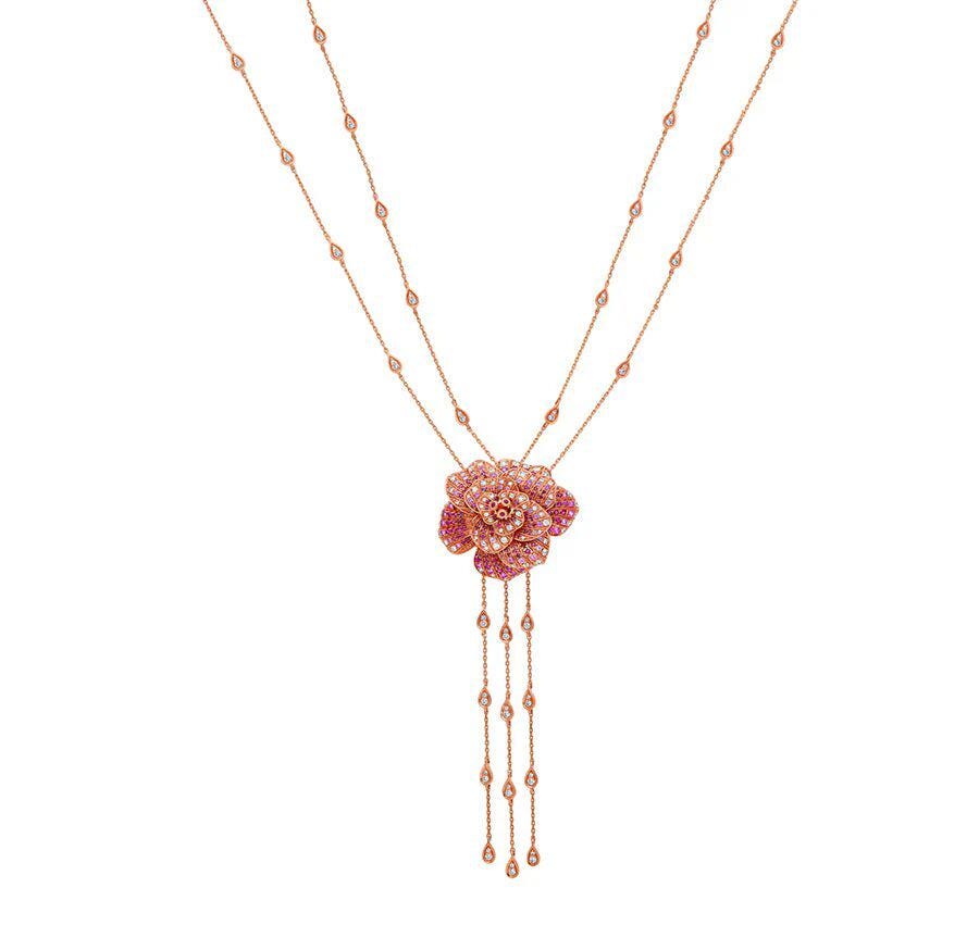 Blossom Flower Double Chain Set with Ruby & Diamond Rose Gold Necklace Set