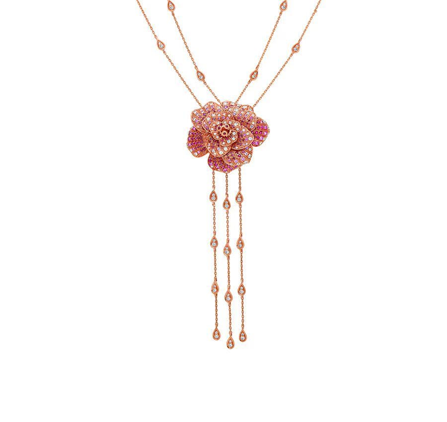 Blossom Flower Double Chain Set with Ruby & Diamond Rose Gold Necklace Set