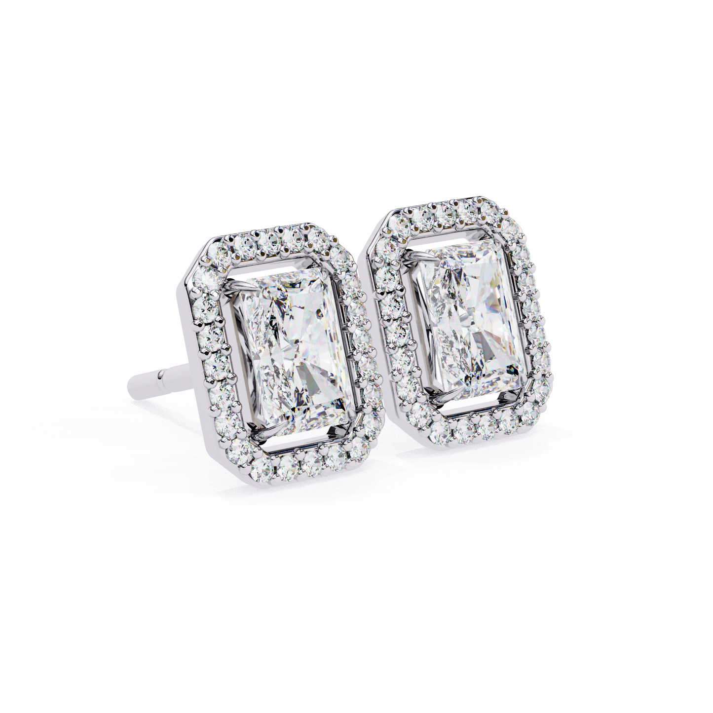 14K Gold Radiant Cut Diamond Halo Stud Earrings – 2 Carat Total Weight
