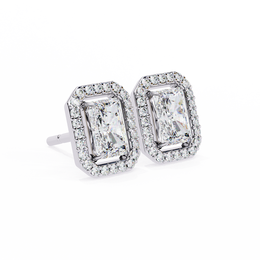 14K Gold Radiant Cut Diamond Halo Stud Earrings – 2 Carat Total Weight