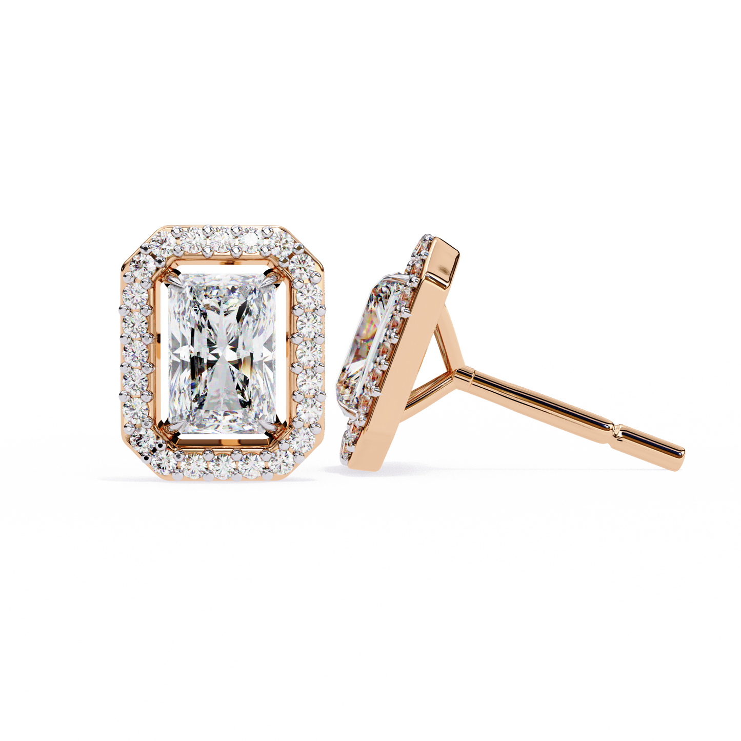 14K Gold Radiant Cut Diamond Halo Stud Earrings – 2 Carat Total Weight