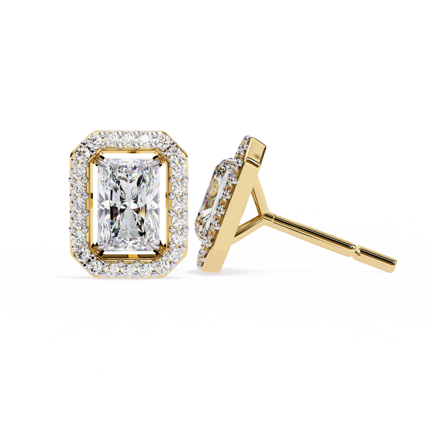 14K Gold Radiant Cut Diamond Halo Stud Earrings – 2 Carat Total Weight
