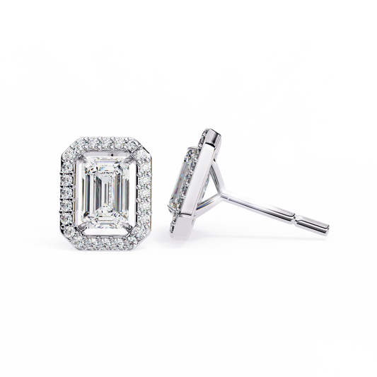 14K Gold Emerald Cut Diamond Halo Stud Earrings – 1.80 CTW Statement Sparkle