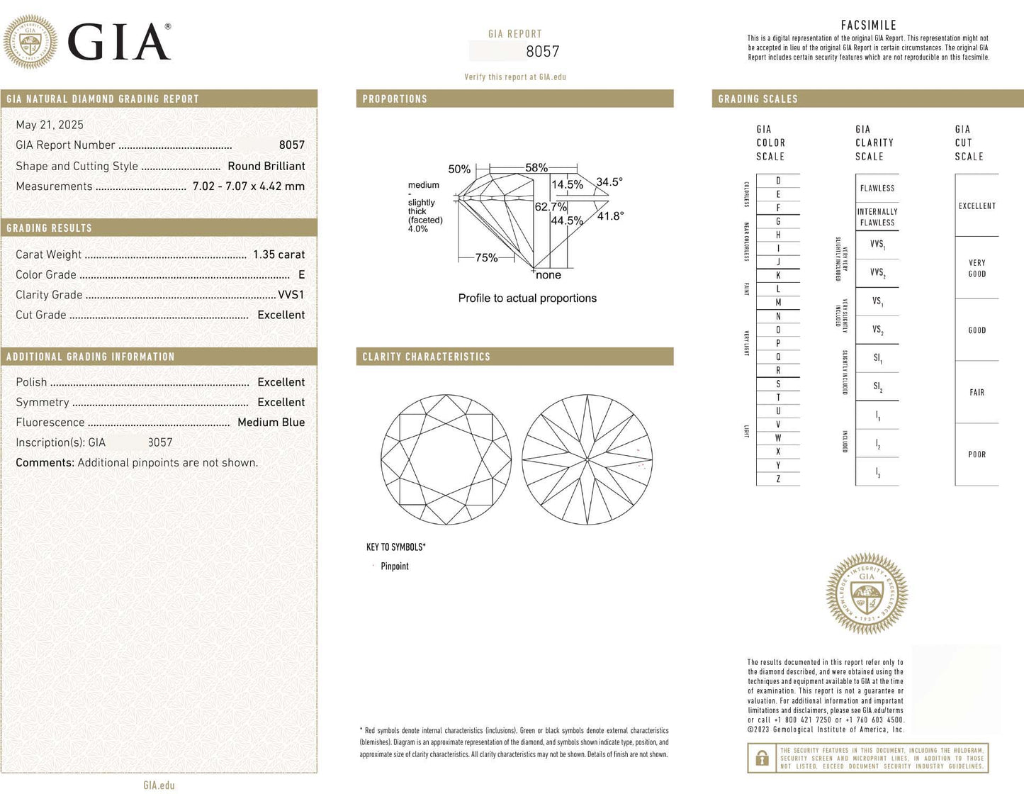 Round,E - VVS1  | 1.35ct GIA Certified
