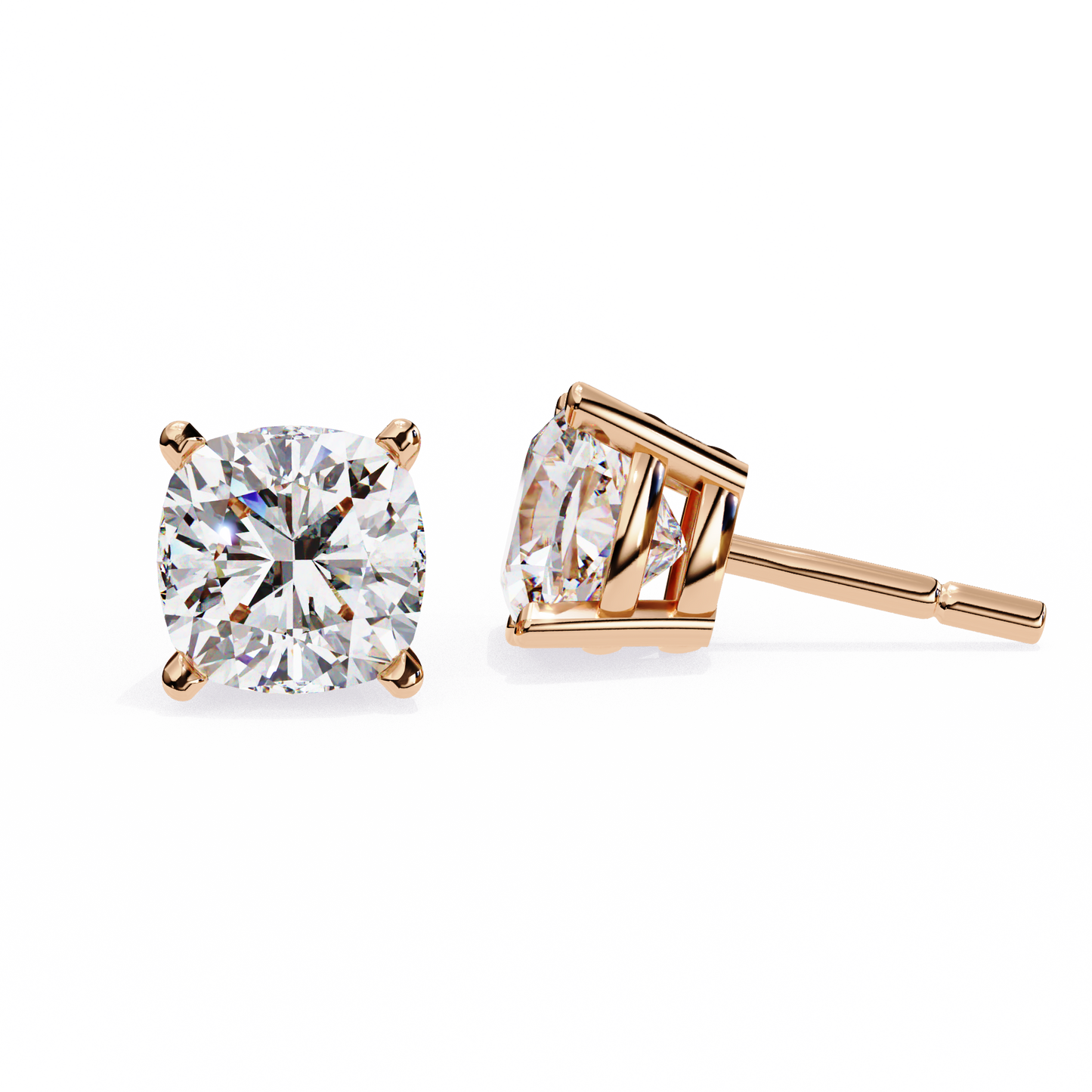 Stylish 14K Gold Cushion Cut Diamond Stud Earrings with 4 Prong Setting