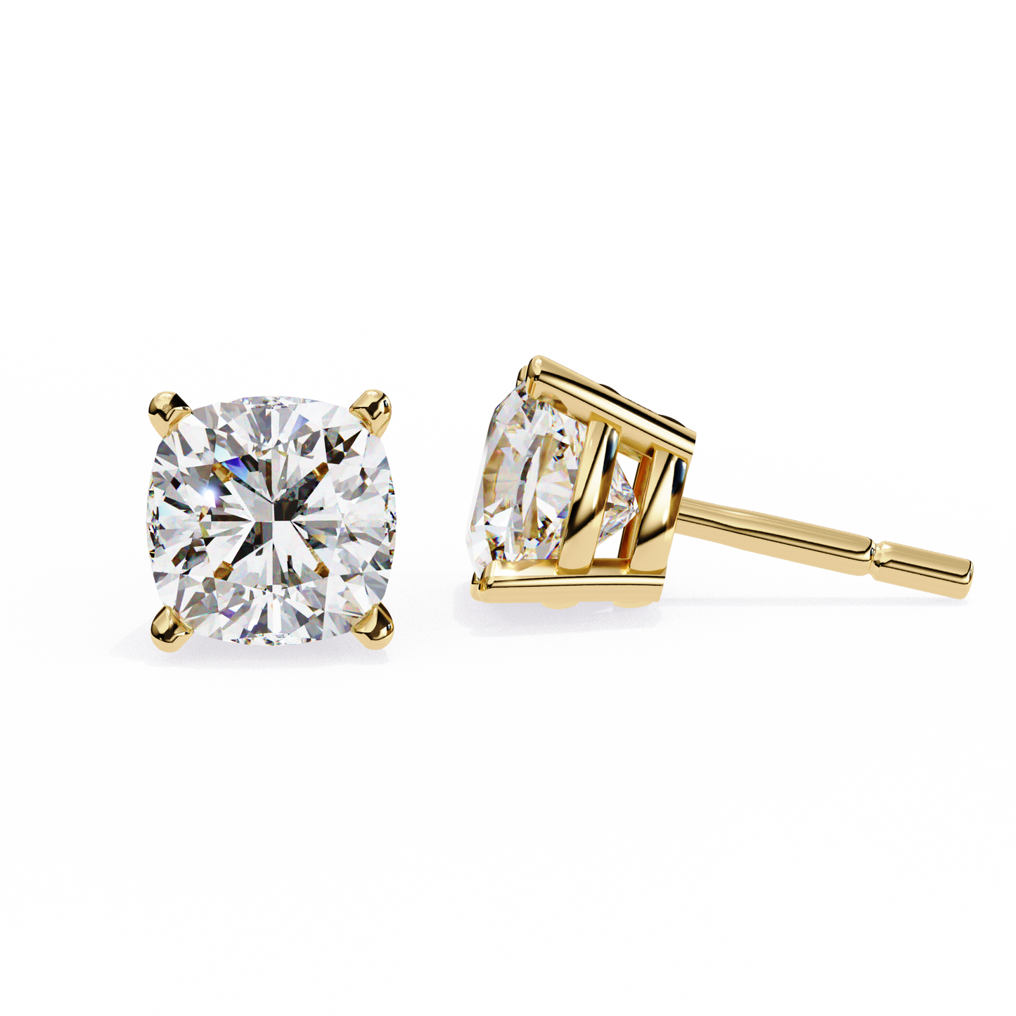 Stylish 14K Gold Cushion Cut Diamond Stud Earrings with 4 Prong Setting