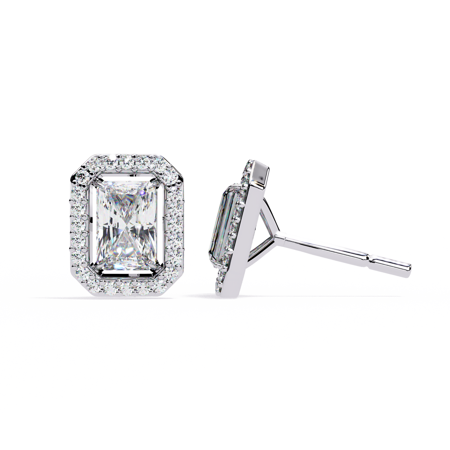 14K Gold Radiant Cut Diamond Halo Stud Earrings – 2 Carat Total Weight