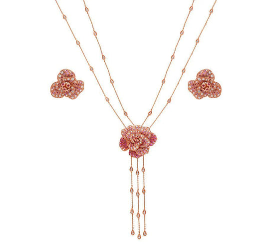 Blossom Flower Double Chain Set with Ruby & Diamond Rose Gold Necklace Set