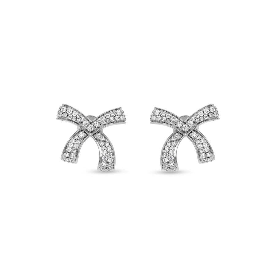 Bow Shape Round Diamond White Gold Stud Earrings
